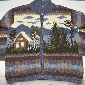Northern Isles Cardigan Sweater Forest Cabin Tree Winter Knit L Cottagecore